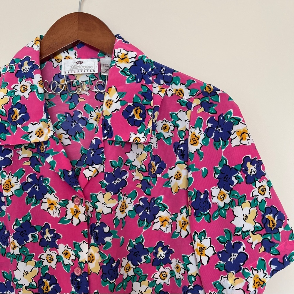 vintage multicolor floral short sleeve button up blouse top [0338] - Picture 3 of 8